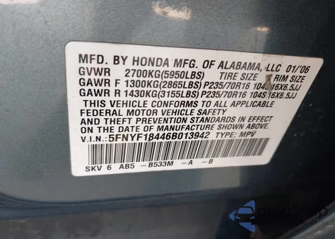 2006 Honda Pilot Ex z USA, uszkodzony, nr VIN 5FNYF18446B013942